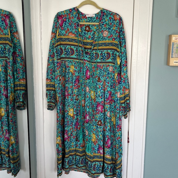 R.Vivimos Women's Long Sleeve Floral V Neck Bohemian Midi Dress XL (teal) - Picture 2 of 5